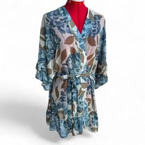 by Eloise Blue & Brown Ruffle Sleeves Sheer Robe With Tie Size M/L Cottagecore